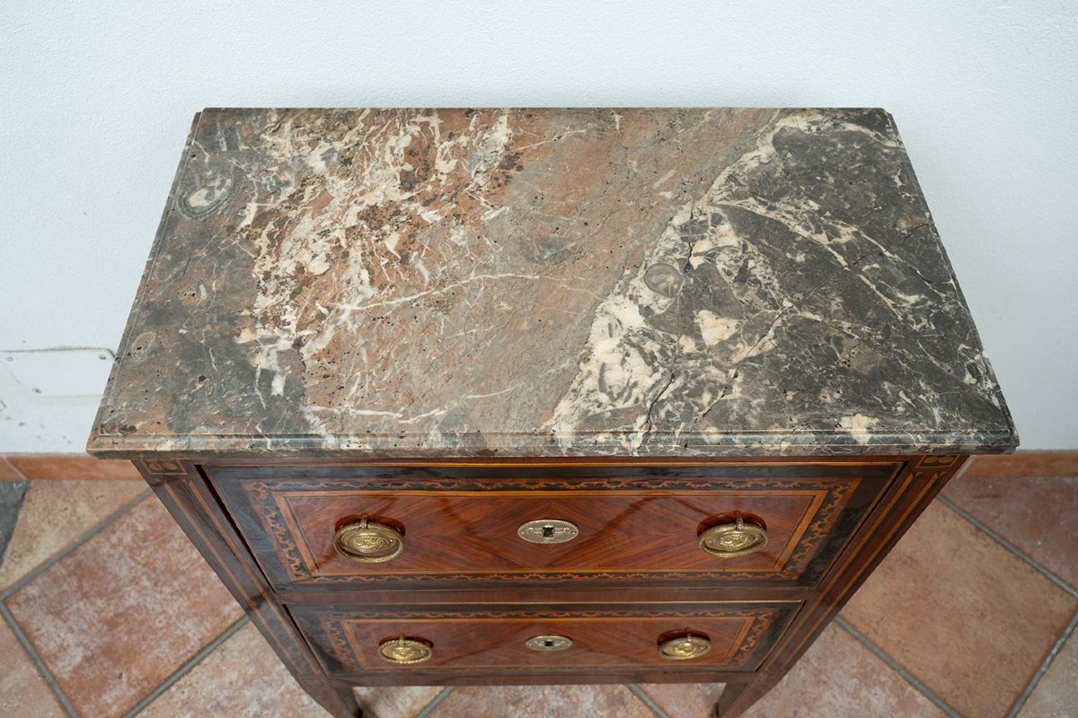 Antique Neapolitan Louis XVI-style Nightstand Made Of Fine Exotic Woods With A Marble Top. -photo-4