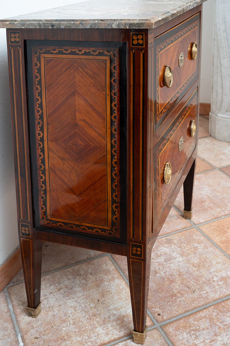 Antique Neapolitan Louis XVI-style Nightstand Made Of Fine Exotic Woods With A Marble Top. -photo-2