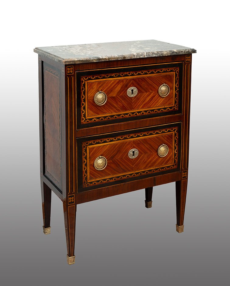 Antique Neapolitan Louis XVI-style Nightstand Made Of Fine Exotic Woods With A Marble Top. 