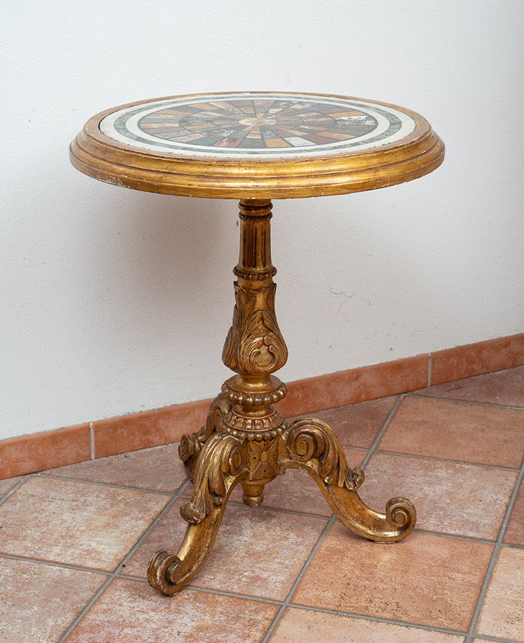 Antique Louis Philippe Side Table In Gilded, Carved Wood With A 19th-century Marquetry Top-photo-4