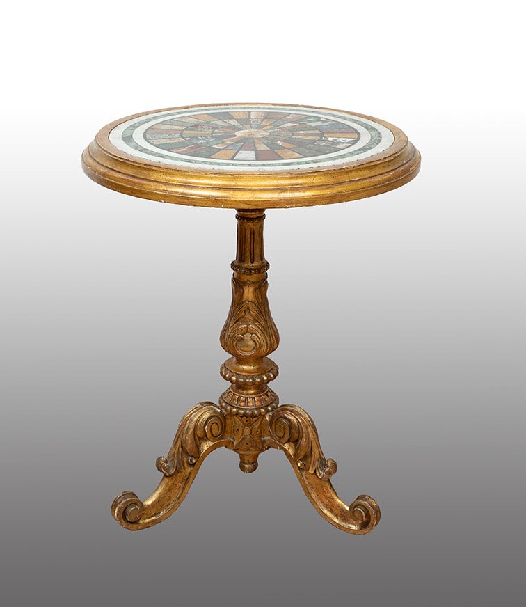 Antique Louis Philippe Side Table In Gilded, Carved Wood With A 19th-century Marquetry Top
