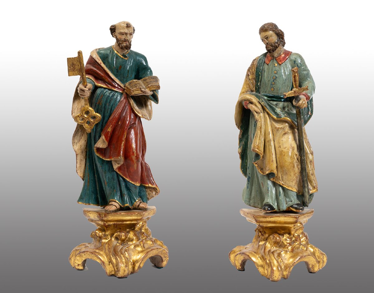 Paire d'anciennes sculptures en bois polychromes de Lombardie, XVIIIe siècle.
