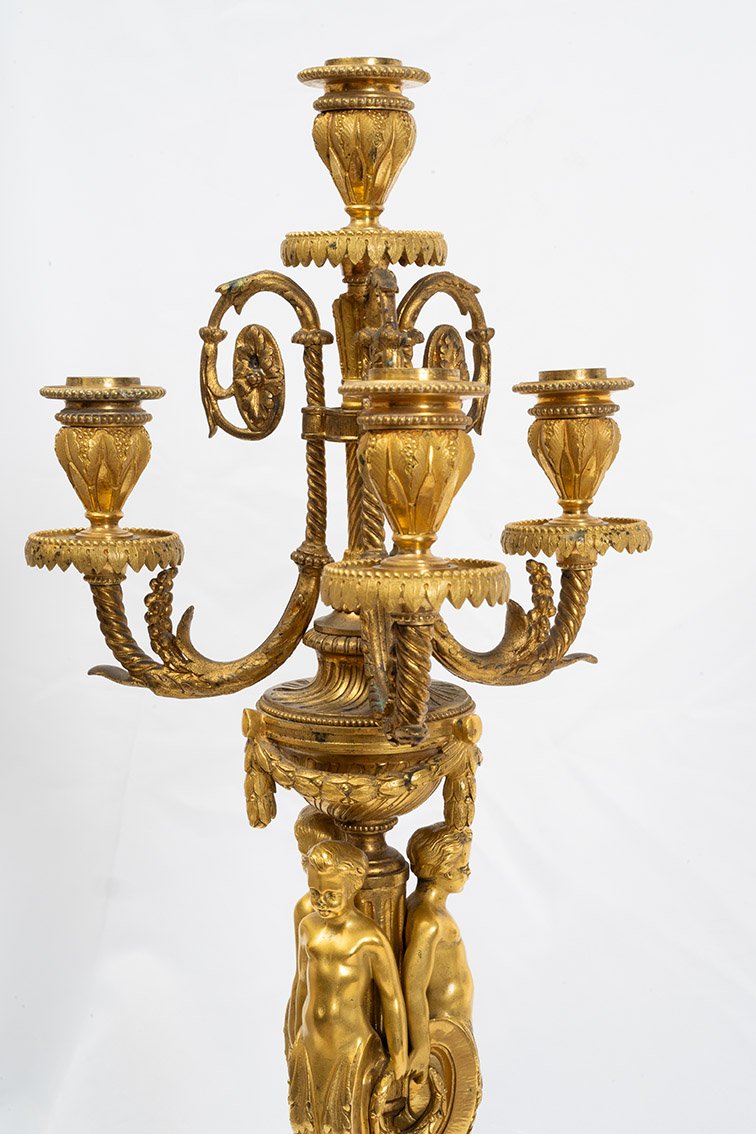 Pair Of Gilded Bronze Candelabra/flambeaux From The Napoleon III Period.-photo-3
