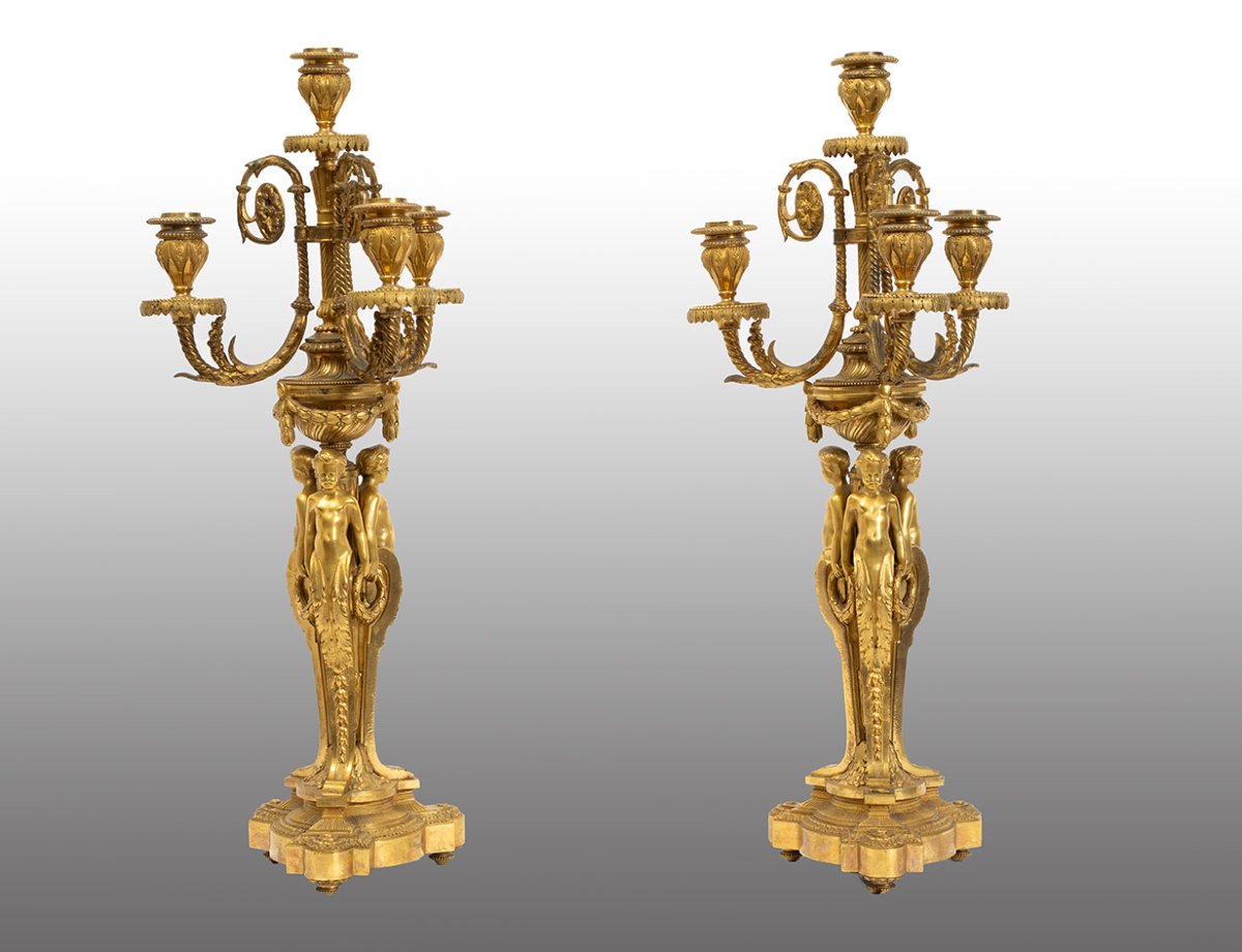 Pair Of Gilded Bronze Candelabra/flambeaux From The Napoleon III Period.