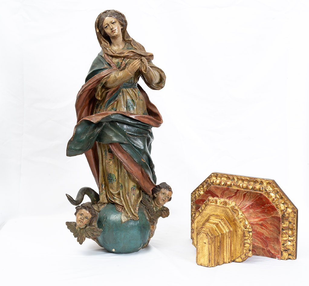 An Antique Neapolitan Polychrome Wood Sculpture Depicting The Immaculate Virgin Mary, 18th Century.-photo-2