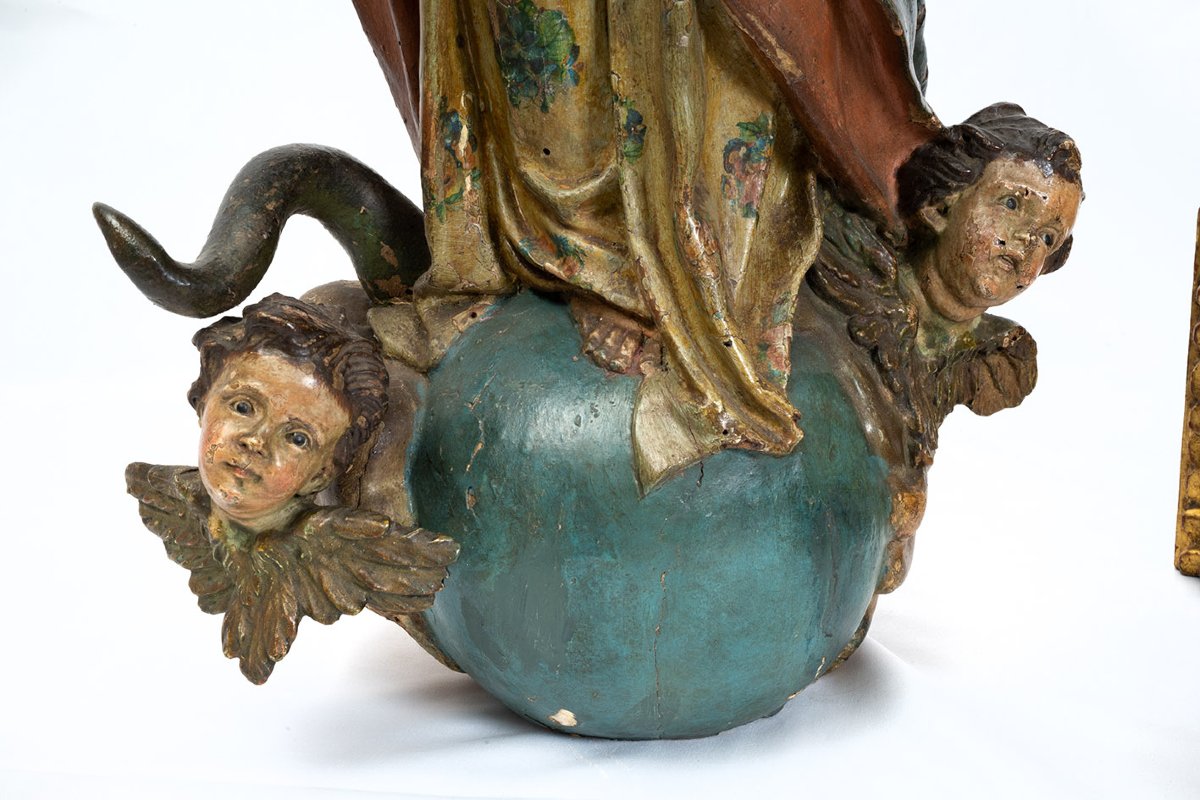 An Antique Neapolitan Polychrome Wood Sculpture Depicting The Immaculate Virgin Mary, 18th Century.-photo-3