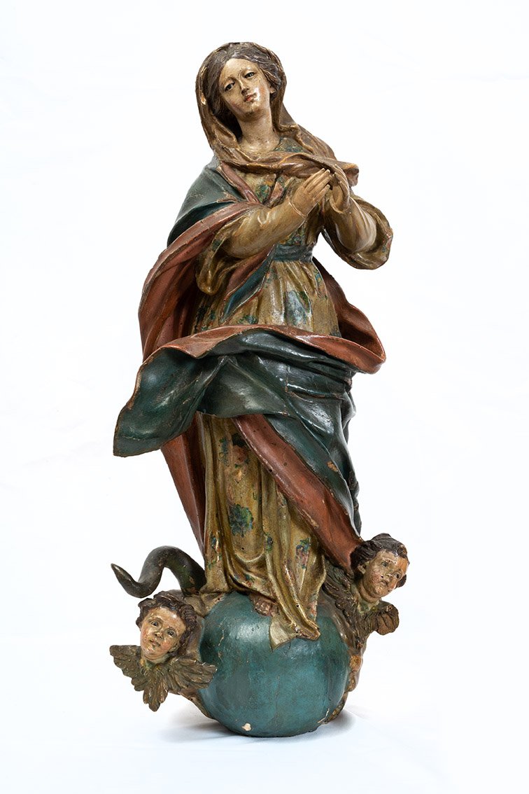 An Antique Neapolitan Polychrome Wood Sculpture Depicting The Immaculate Virgin Mary, 18th Century.-photo-2
