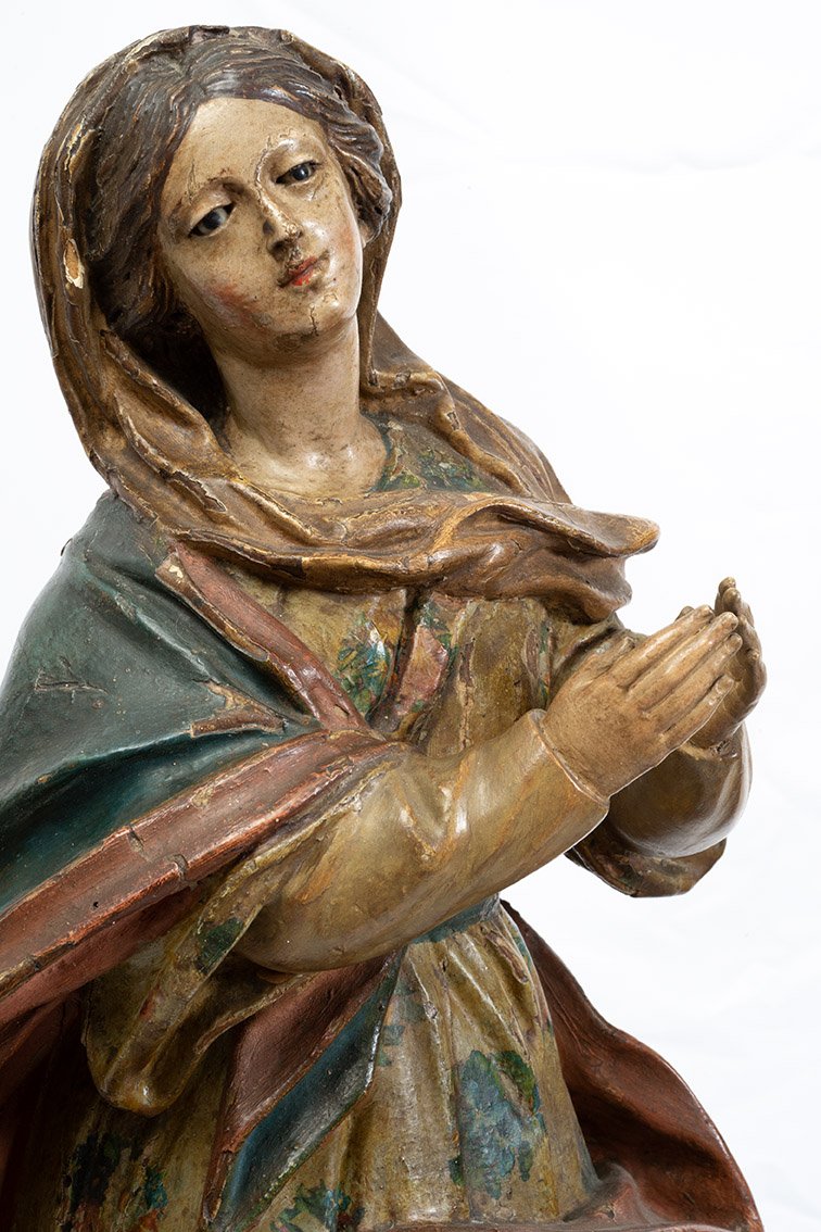 An Antique Neapolitan Polychrome Wood Sculpture Depicting The Immaculate Virgin Mary, 18th Century.-photo-3