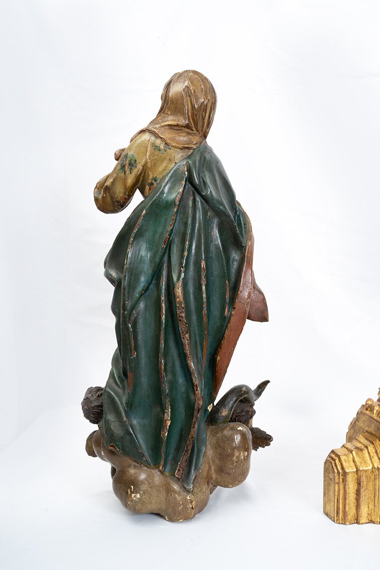 An Antique Neapolitan Polychrome Wood Sculpture Depicting The Immaculate Virgin Mary, 18th Century.-photo-4