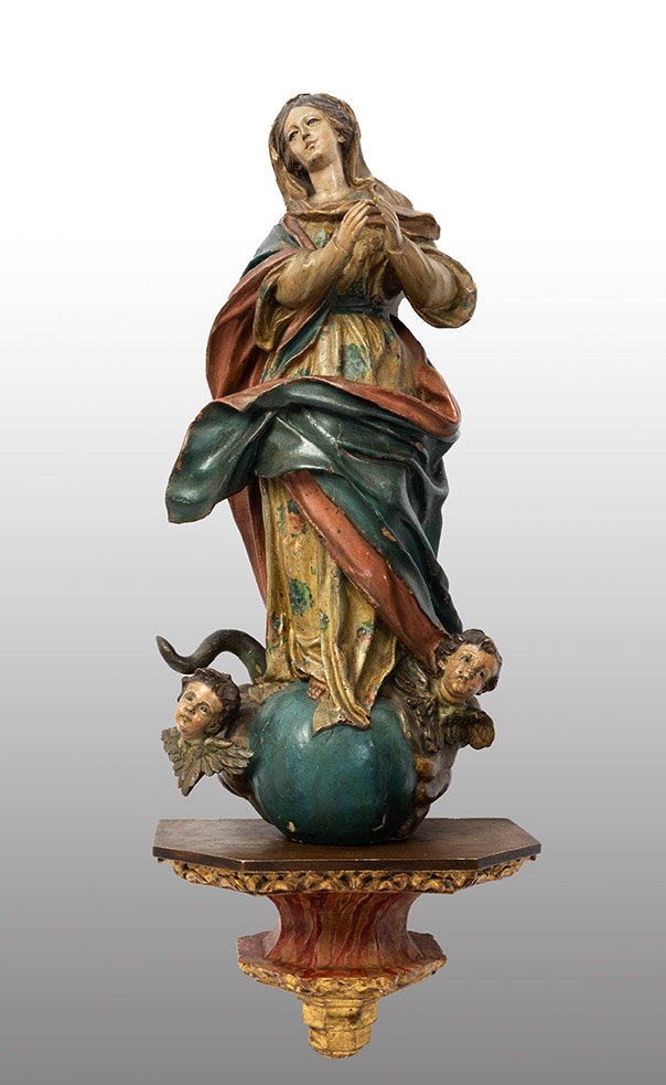 An Antique Neapolitan Polychrome Wood Sculpture Depicting The Immaculate Virgin Mary, 18th Century.