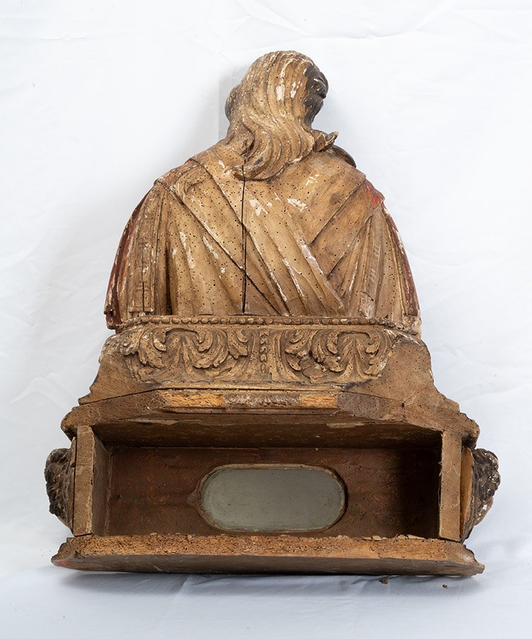 Antique Polychrome Wooden Reliquary Bust Dating From The Late 17th Century. Spain-photo-3