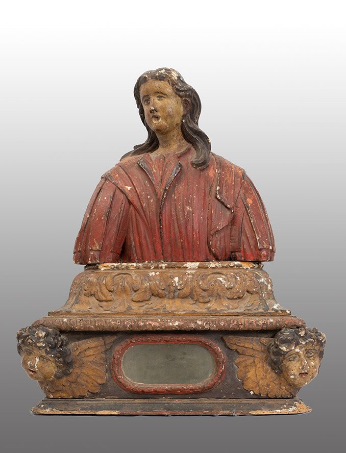 Antique Polychrome Wooden Reliquary Bust Dating From The Late 17th Century. Spain