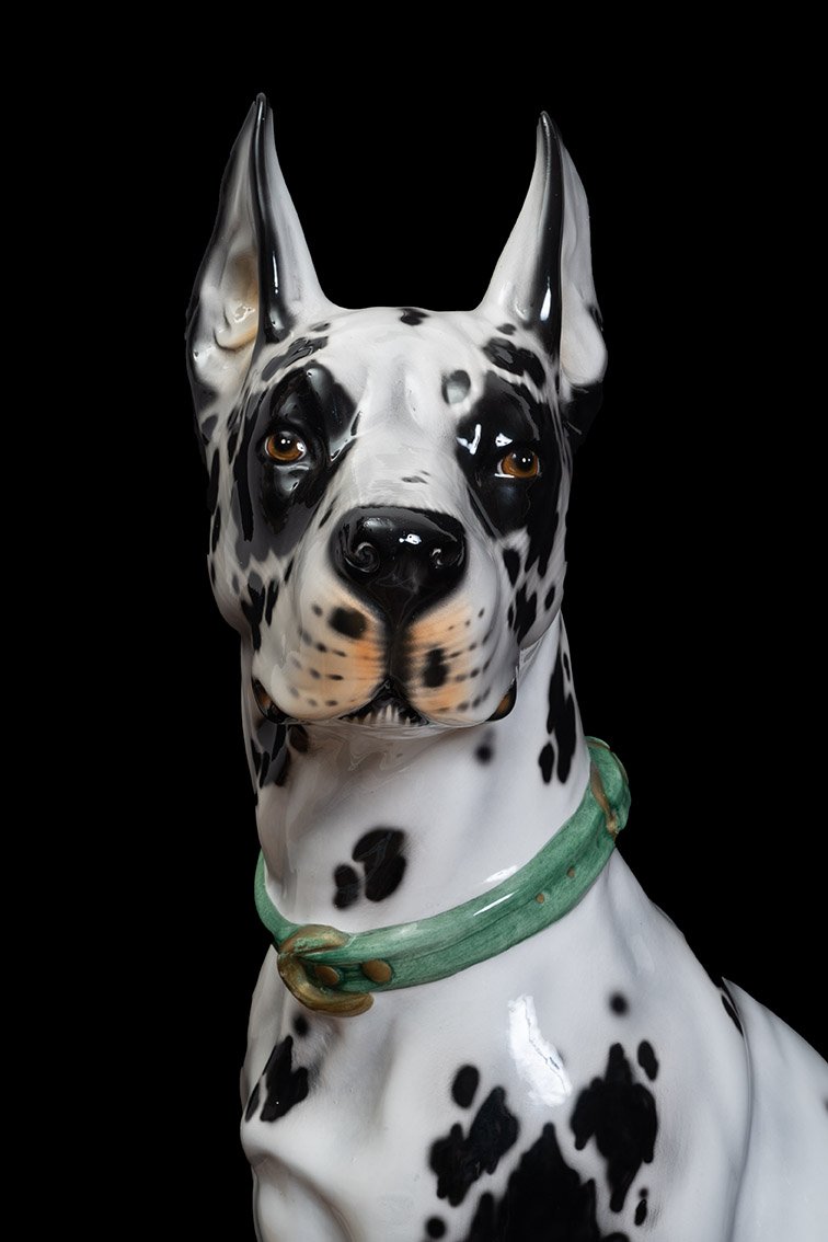 A Polychrome Porcelain Sculpture Depicting A Life-size, Seated Harlequin Great Dane.-photo-2