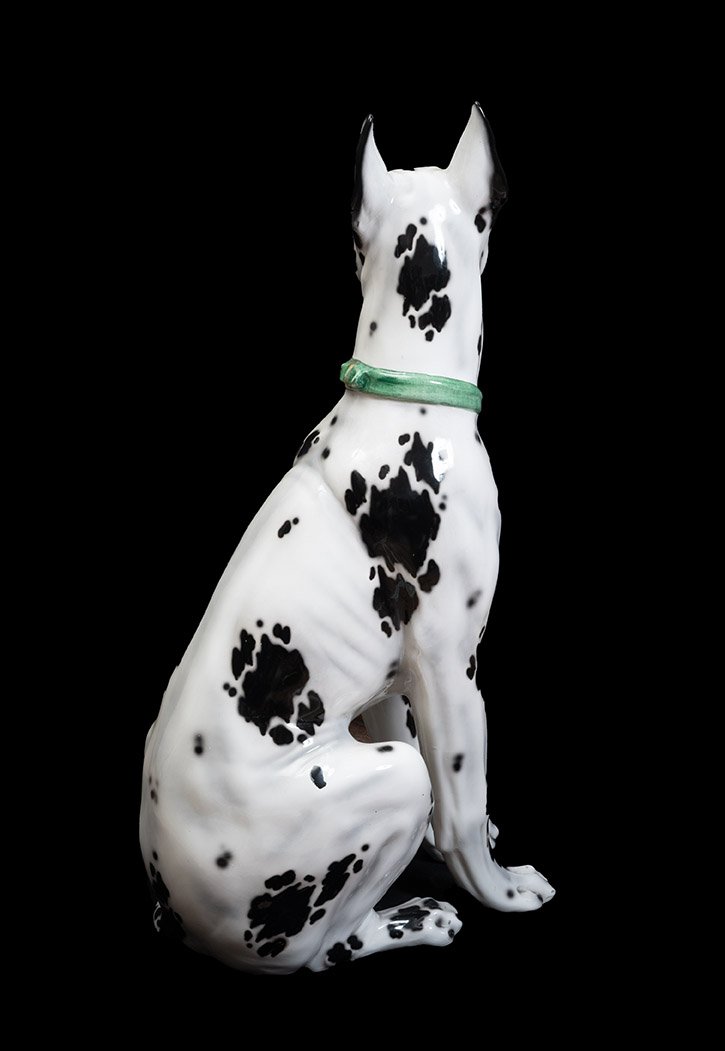 A Polychrome Porcelain Sculpture Depicting A Life-size, Seated Harlequin Great Dane.-photo-3