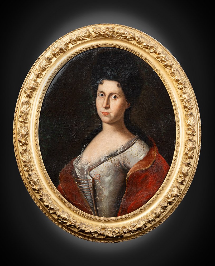 Tableau ancienne huile sur toile représentant une noble dame française, XVIIIe siècle.