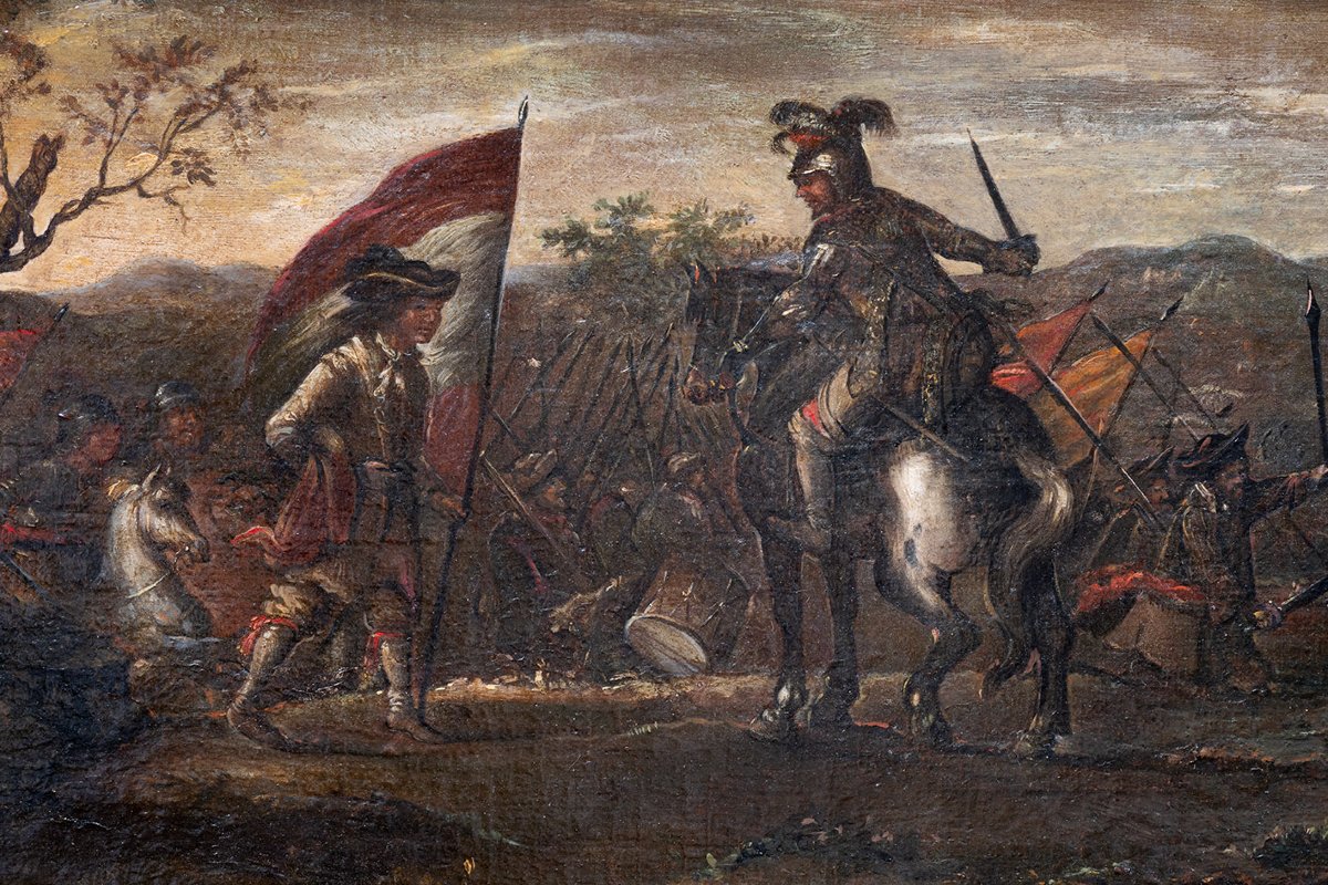Antique Oil Painting On Canvas With An 18th-century Three-tiered Battle-scene Frame-photo-2