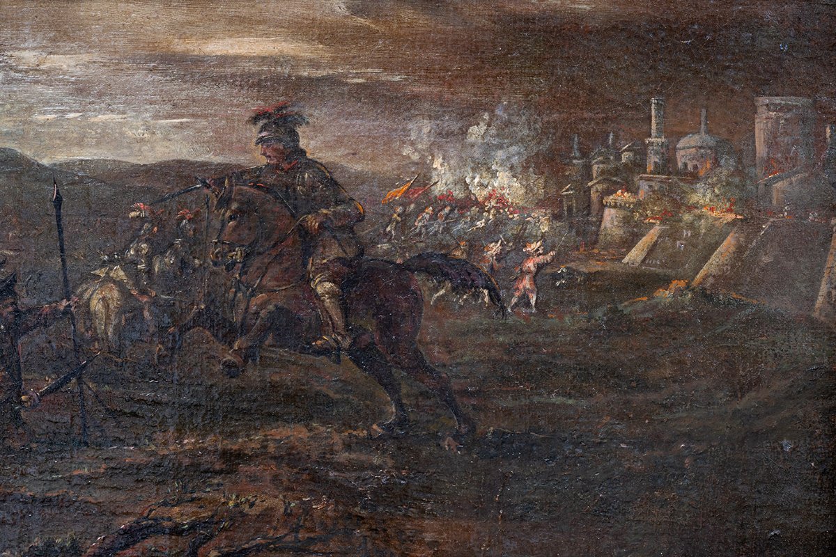 Antique Oil Painting On Canvas With An 18th-century Three-tiered Battle-scene Frame-photo-3