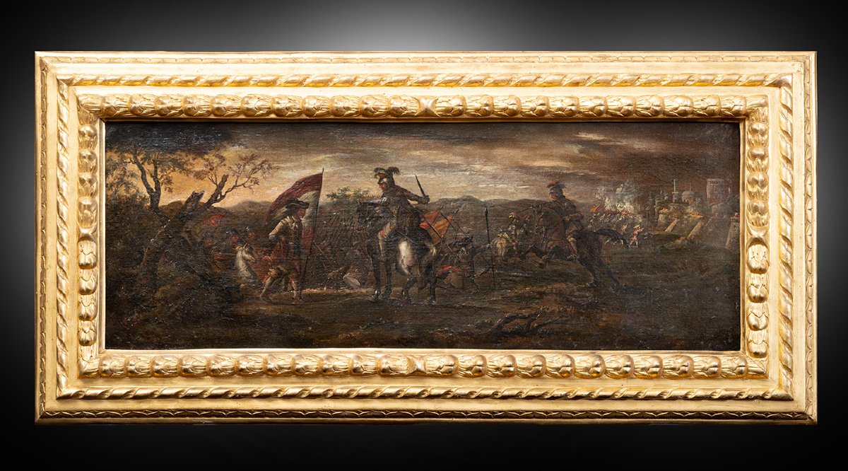 Antique Oil Painting On Canvas With An 18th-century Three-tiered Battle-scene Frame