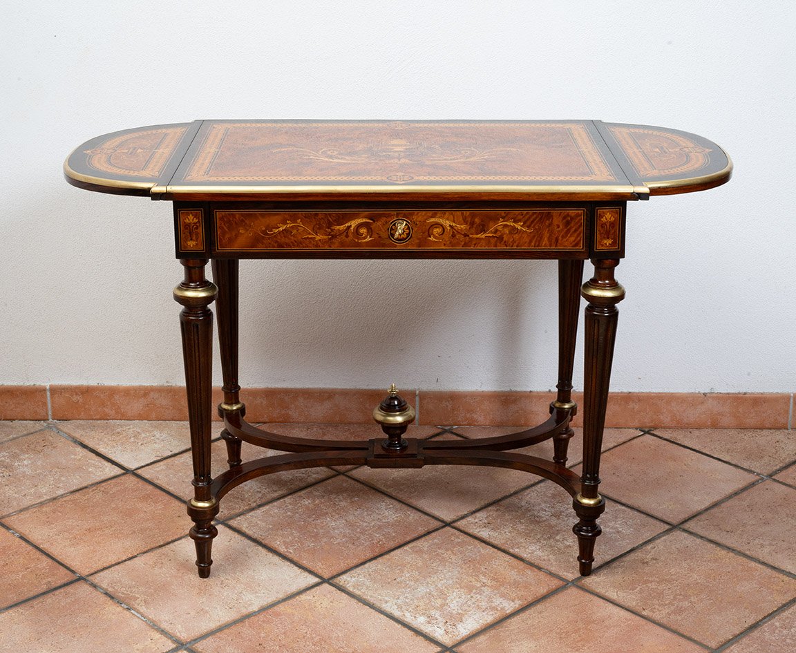 Napoleon III-style Coffee Table/writing Desk In Polychrome Wood, France, 19th Century-photo-2