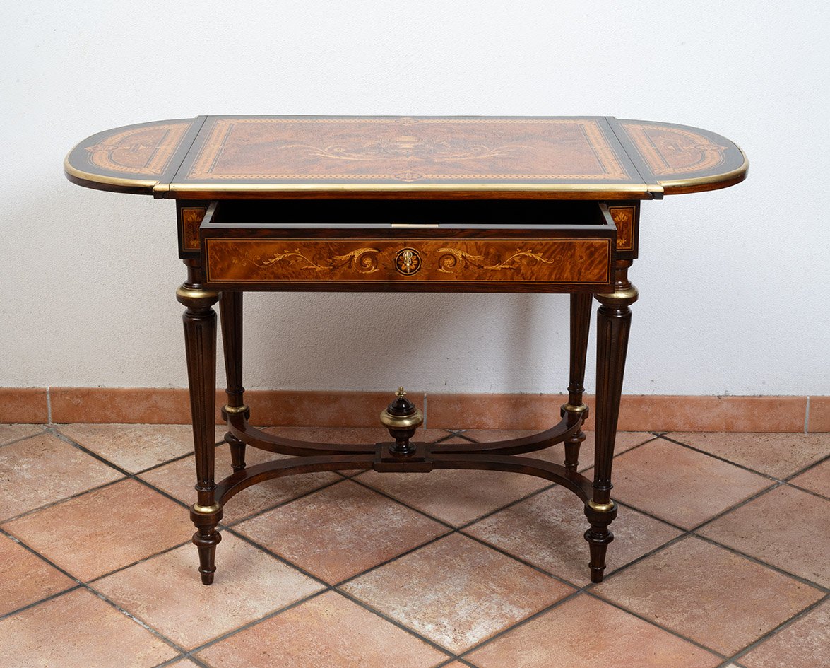 Napoleon III-style Coffee Table/writing Desk In Polychrome Wood, France, 19th Century-photo-3