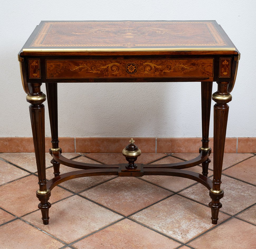 Napoleon III-style Coffee Table/writing Desk In Polychrome Wood, France, 19th Century-photo-3