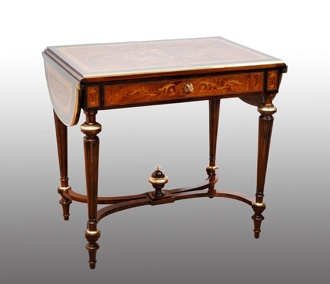 Napoleon III-style Coffee Table/writing Desk In Polychrome Wood, France, 19th Century