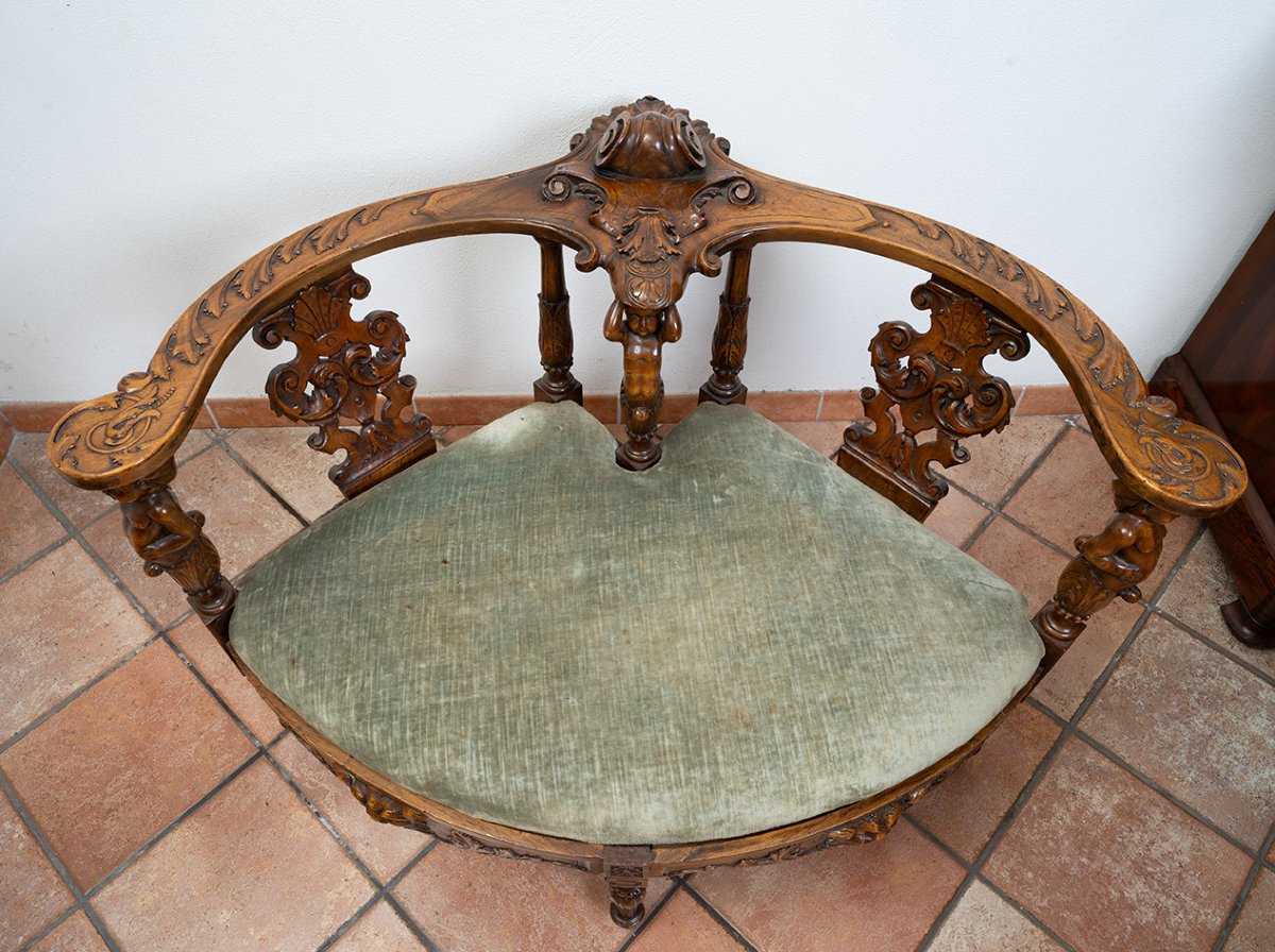 Neo-renaissance Tete-a-tete Sofa In Finely Carved Walnut, 19th Century-photo-2