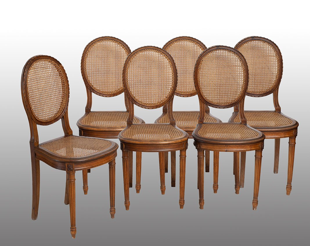 A Set Of Six Antique Chairs Made Of Solid Walnut, Dating From The Second Half Of The 19th Century.