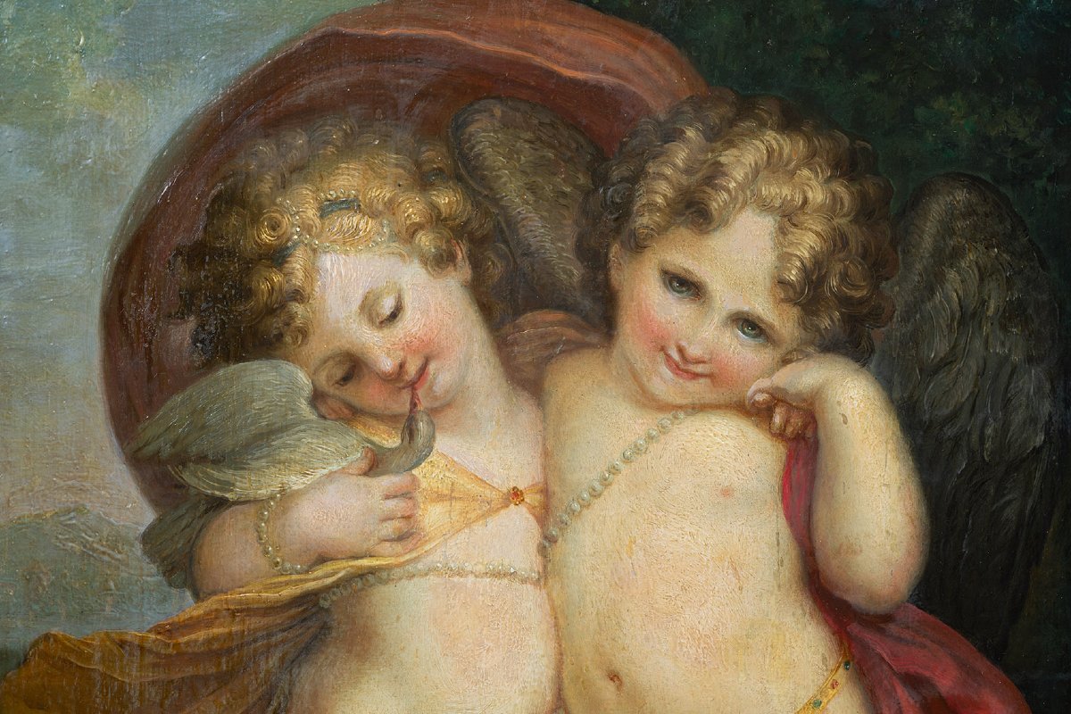 Tableau ancienne huile su bois (noyer) scene néoclassique France, XVIIIe siècle.-photo-2
