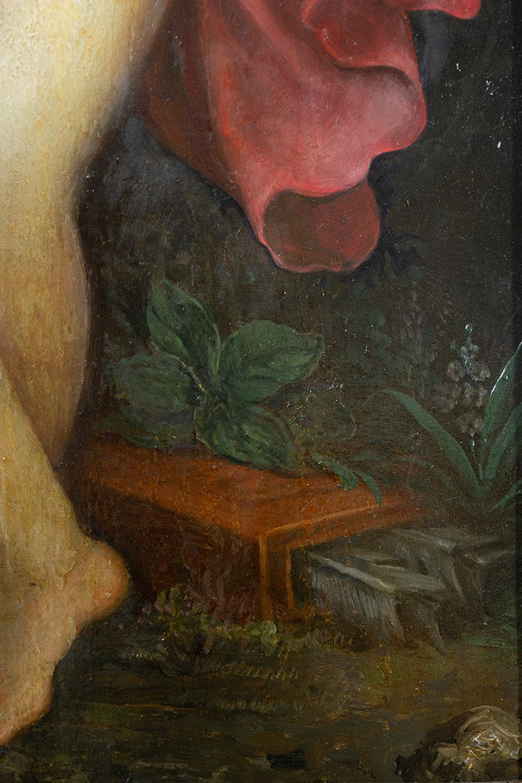 Tableau ancienne huile su bois (noyer) scene néoclassique France, XVIIIe siècle.-photo-2