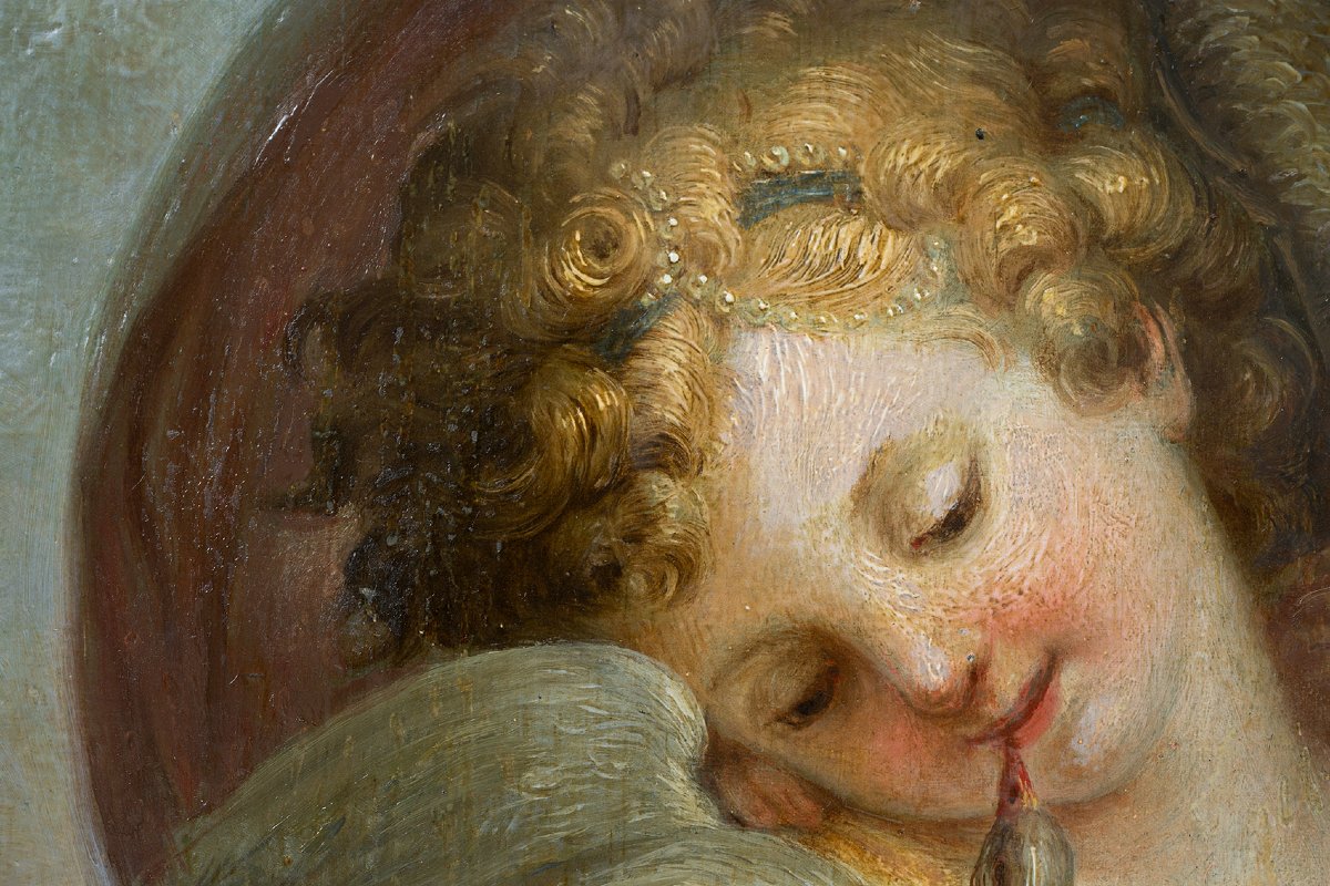 Tableau ancienne huile su bois (noyer) scene néoclassique France, XVIIIe siècle.-photo-3