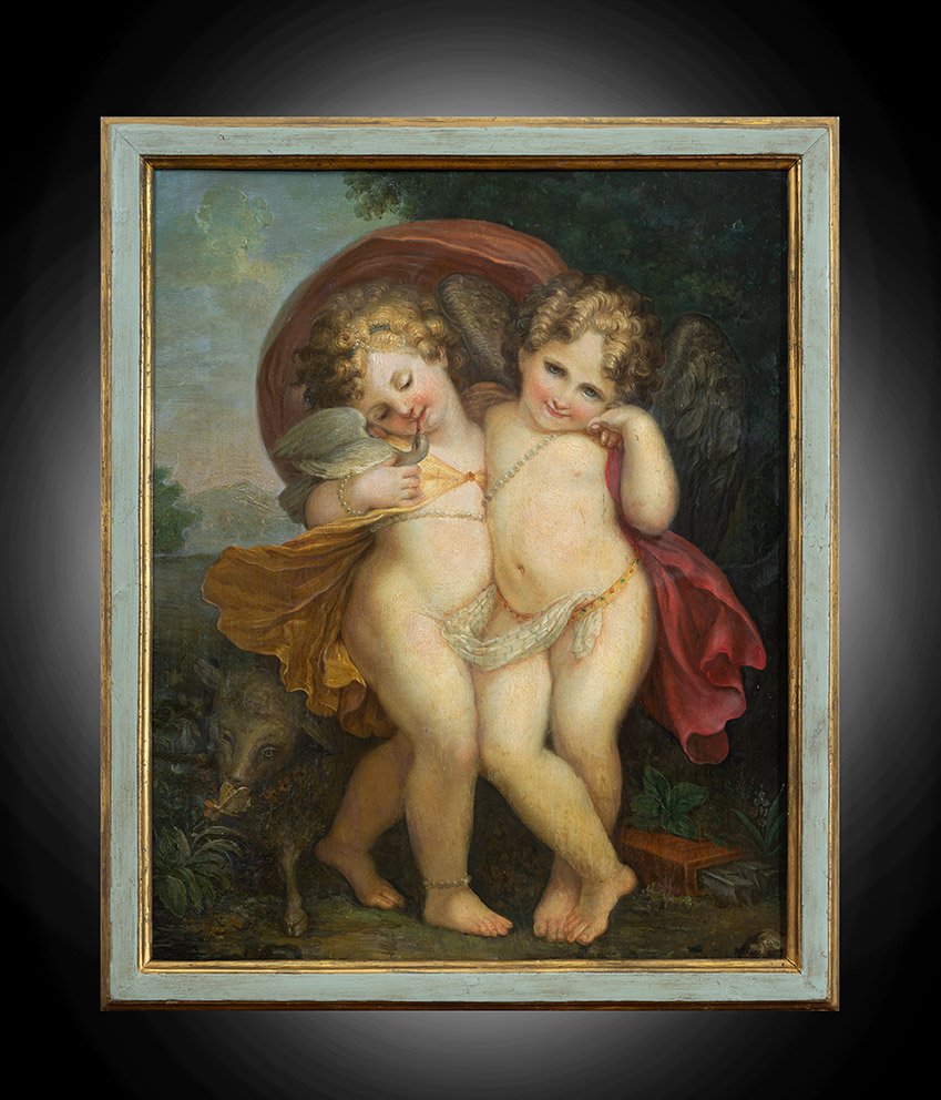 Tableau ancienne huile su bois (noyer) scene néoclassique France, XVIIIe siècle.