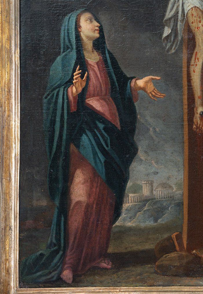 Antique Oil-on-canvas Painting Depicting The Crucifixion Of Christ, 18th Century-photo-2