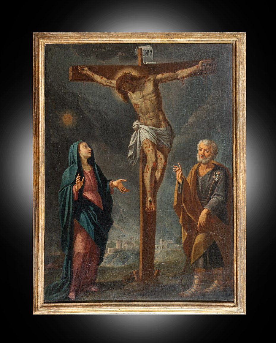 Antique Oil-on-canvas Painting Depicting The Crucifixion Of Christ, 18th Century