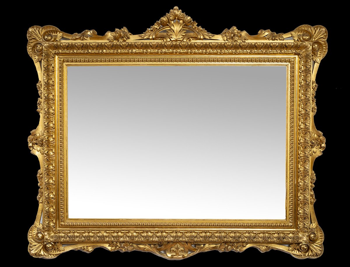 An Antique Roman Mirror Made Of Gilded, Carved Wood Dating From The Early 19th Century.