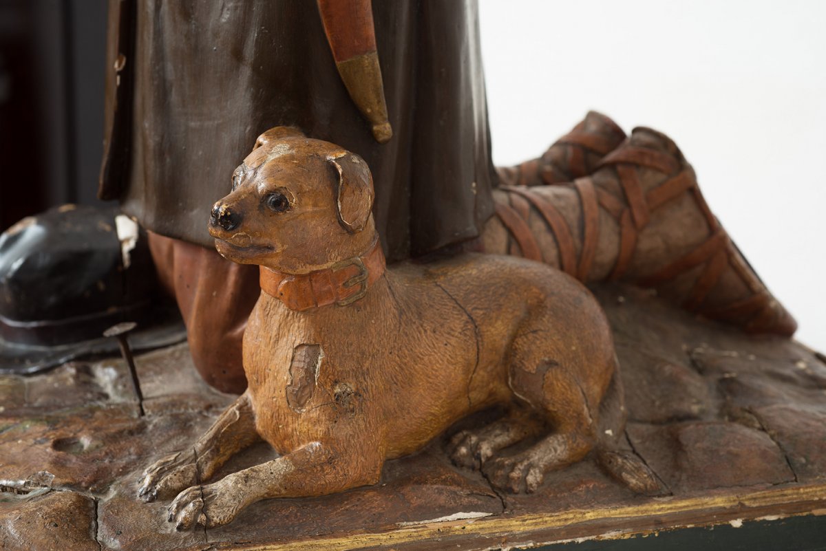 Sculpture En Bois Sculpté Représentant Saint Roch Avec Le Chien, époque 18ème Siècle.-photo-2