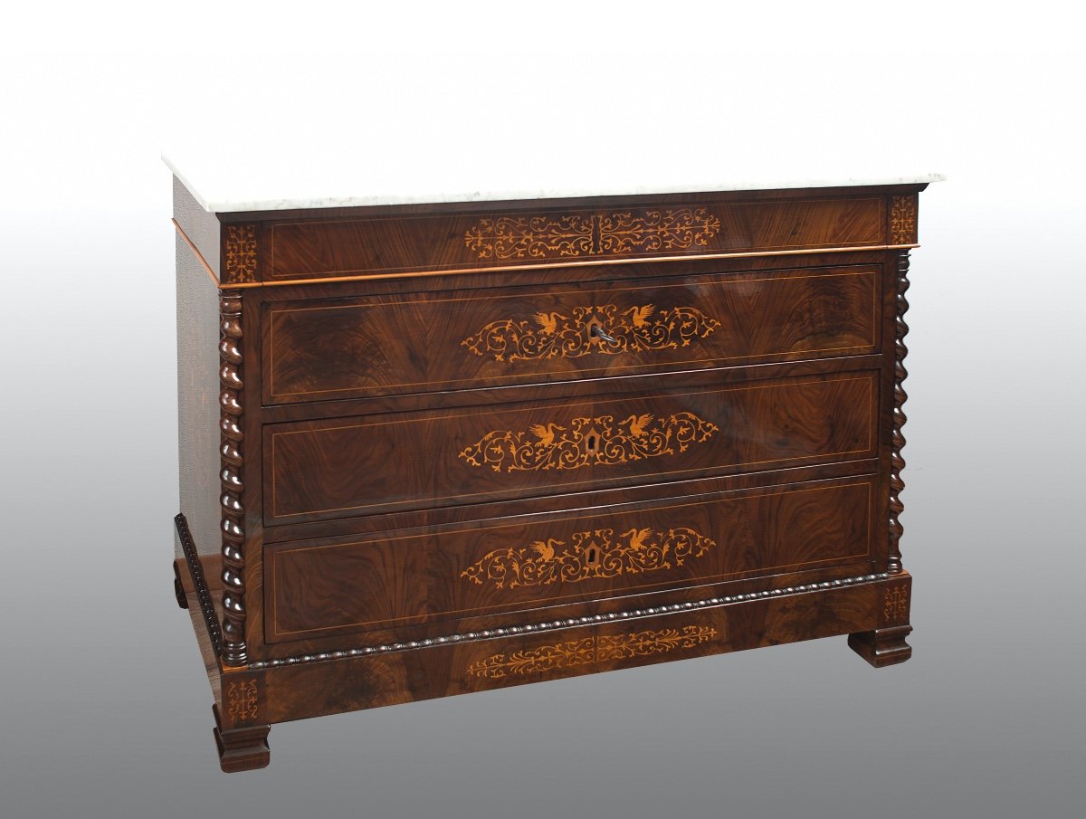 Antique Mahogany Feather Dresser With Maple Inlays. Nineteenth Century.