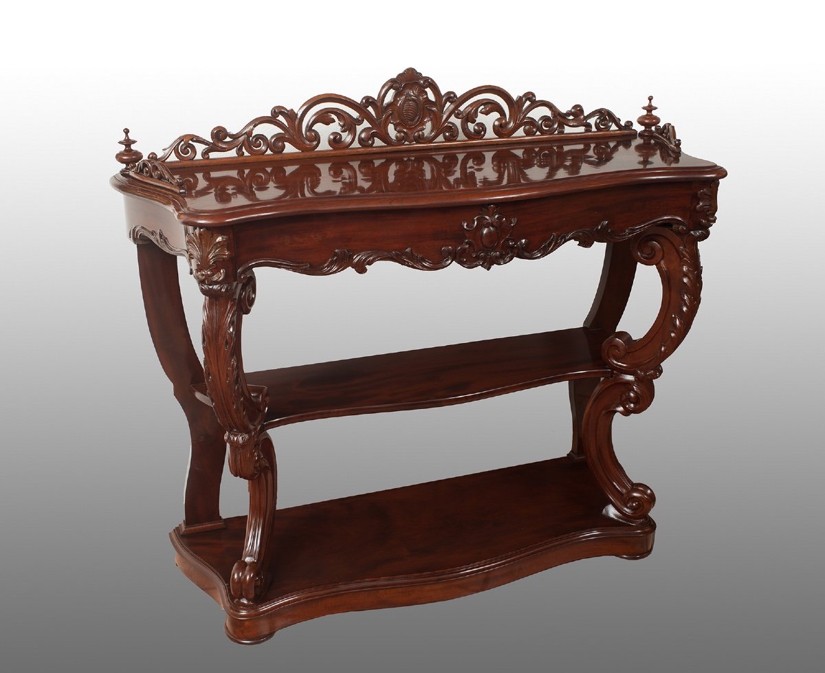 Antique French Louis Philippe Console In Mahogany Feather With Central Drawer. Nineteenth Century.