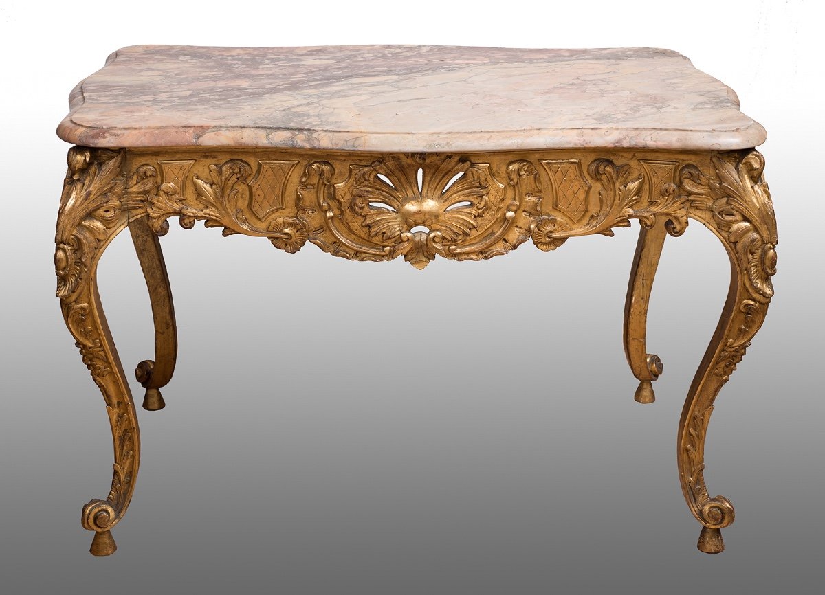 Table Ancienne Française Napoléon III En Bois Doré Et Sculpté. XIXe Siècle.