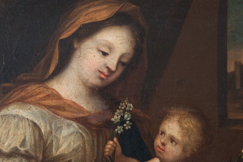 Tableau Ancienne Représentant La Vierge à l'Enfant. Lombardie XVIII Siècle -photo-3