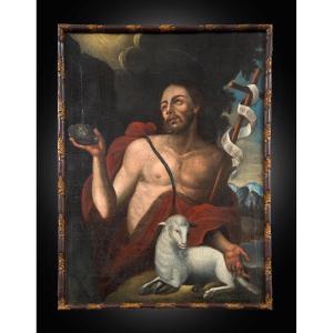 Ancient Painting Depicting Saint John The Baptist. Tuscany 18th Century.