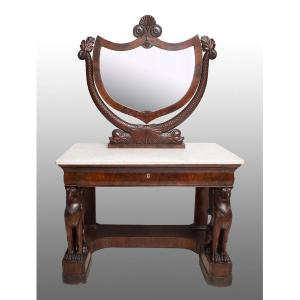 Ancient Neapolitan Empire Toilet In Mahogany Feather With White Marble Top. 19th Century Naples