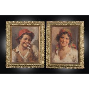 Pair Of Ancient Oil Paintings On Canvas Signed "antonio Vallone". 20th Century Period.