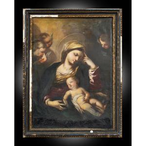 Ancient Oil Painting On Canvas Depicting Madonna And Child Naples 18th Century.