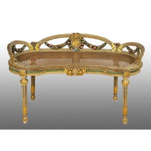 Antique Napoleon III Bench In Gilded And Painted Wood. France Early 20th Century.