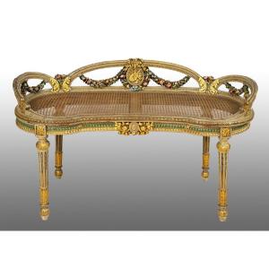 Banquette Ancienne Napoléon III En Bois Doré Et Peint. France Début 20ème Siècle.