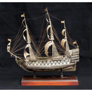 Antique Sailing Ship In Chiselled Silver. Naples Early 20th Century.
