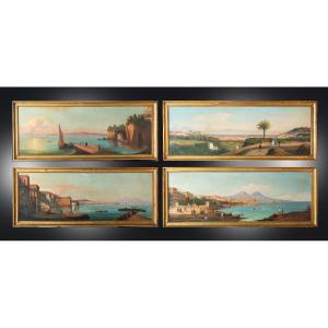 Four Ancient Oil Views On Canvas Depicting Naples, 19th Century Period.