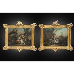 Paire de petit tableau anciennes huile sur toile France fin XVIIIe siècle.