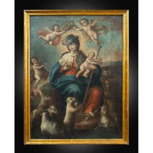 Tableau ancienne huile sur toile représentant "La Divine Bergère". Naples XVIIsiècle